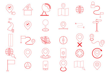 set of Map Location icon. stoke line icons of  flag, GPS, destination, direction, distance, road, marker, address, position and more.. Vector illustration on white background.