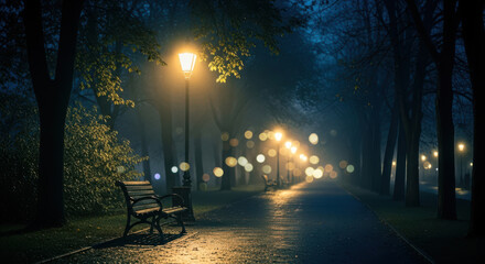 Mysterious park bench illuminated by warm streetlights on a foggy night