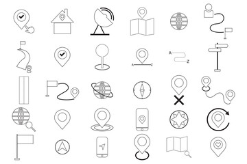 set of Map Location icon. stoke line icons of  flag, GPS, destination, direction, distance, road, marker, address, position and more.. Vector illustration on white background.