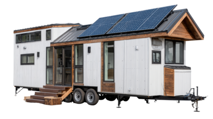 Modern tiny house with solar panels, wooden accents, and trailer wheels for mobility.