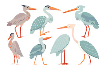 Elegant Heron Variety: A collection of majestic herons, each uniquely colored and posed, stand gracefully, showcasing their long necks and beaks, painted with exquisite artistic detail.
