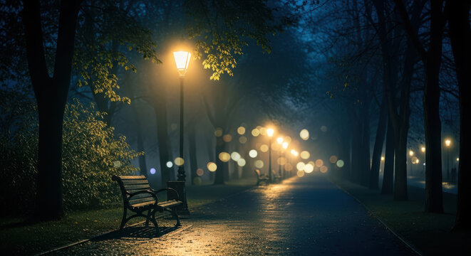 Mysterious park bench illuminated by warm streetlights on a foggy night - Powered by Adobe