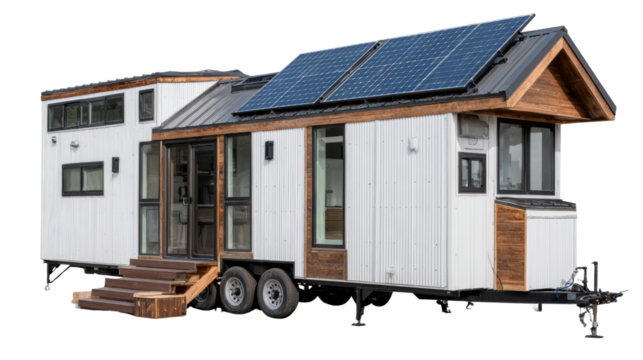 Modern tiny house with solar panels, wooden accents, and trailer wheels for mobility.