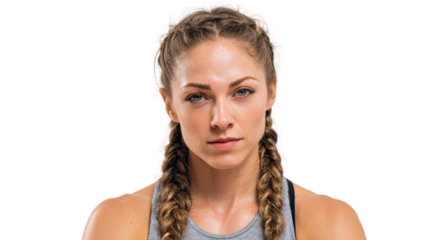 Portrait of a confident woman with braids, showcasing determination and strength against a white background.