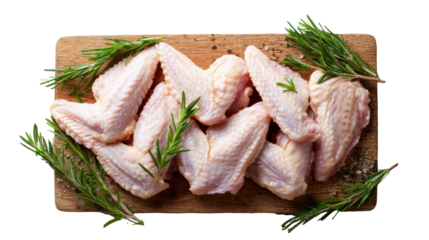 Raw chicken wings garnished with fresh herbs on a wooden cutting board.