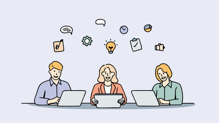 Three people working at a table with laptops and icons floating above them in a light blue background