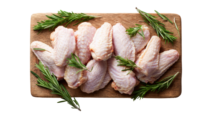 Raw chicken wings arranged on a wooden cutting board with fresh rosemary, isolated background.