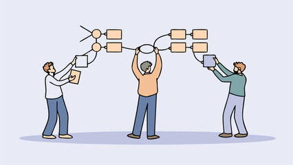 Three people collaborating on a flowchart with boxes and circles connected by lines in a light blue scene