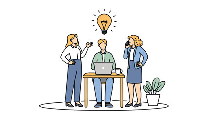 Team collaboration with a central figure at a desk under a bright idea lightbulb and discussion