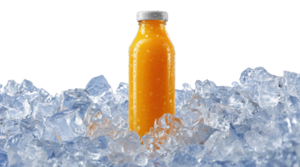 Refreshing orange juice bottle surrounded by ice cubes, ideal for summer or beverage promotions.