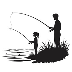 Father and child fishing by the water daughter fishing rods