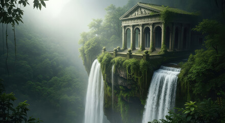 Ancient greek temple perched above cascading waterfalls in a lush forest