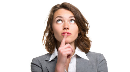 Thoughtful businesswoman looking up with finger on lips in a professional suit.