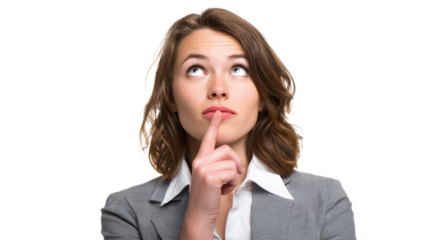 Thoughtful businesswoman looking up with finger on lips in a professional suit.