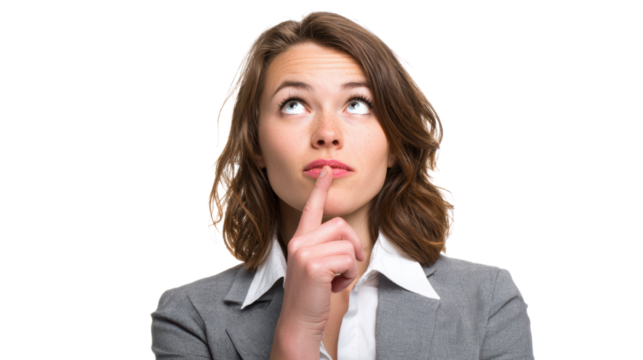 Thoughtful businesswoman looking up with finger on lips in a professional suit.