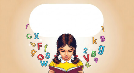 Illustration of Young Girl Reading Book with Floating Letters