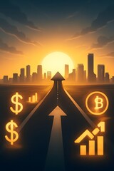 Rising Road of Financial Growth — Stock Chart Highway Leading to City Sunrise with Crypto and Dollar Icons, Inspirational Scene