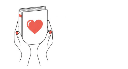 Line Art Illustration of Hands Holding Book with Red Heart