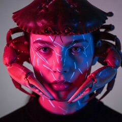 A close-up, frontal portrait of a person wearing a large crab as a headdress. The face is split by dramatic lighting, with one side bathed in red and the other in blue, highlighting intricate facial 