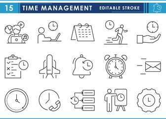 A set of line icons related to Time Management. Time, manage, schedule, rush, checklist, message, alarm, and so on. Vector editable stroke.