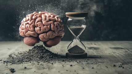 modern picture of the brain fading away to dust after stroke with an hour glass demonstrating urgency