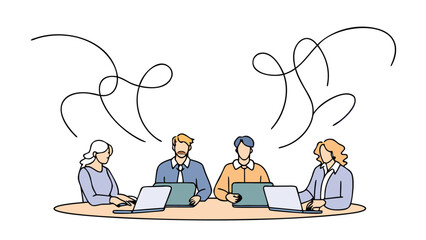 Group of four people sitting at a table with laptops and abstract thought bubbles above their heads in meeting