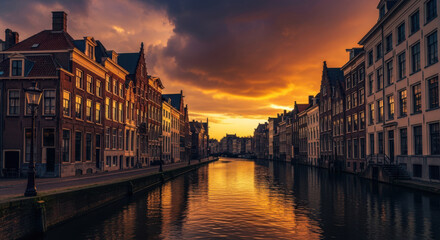 Dramatic sunset over a european canal lined with historic buildings