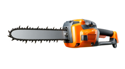 Chainsaw orange power tool with isolated, transparent background
