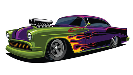 illustration of hot rod car with flames vector on white background