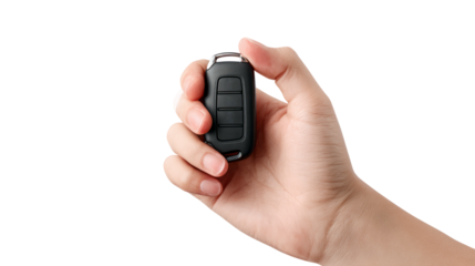 Car remote key held hand with isolated, transparent background