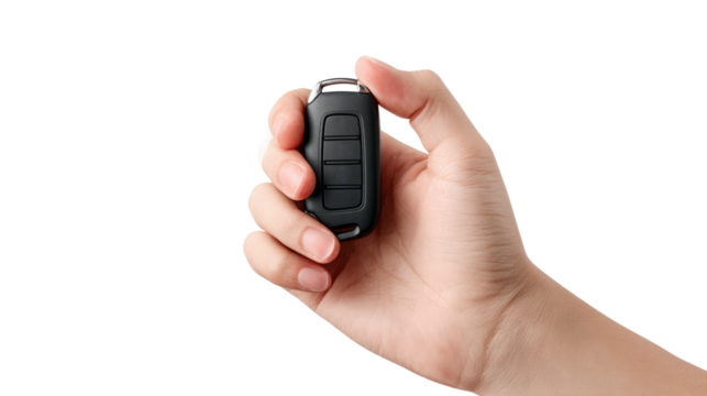 Car remote key held hand with isolated, transparent background