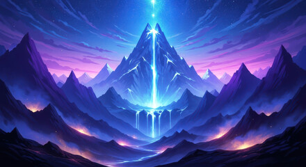 Majestic crystal mountain peak radiating powerful blue light into a cosmic sky