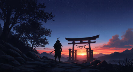 Lone samurai stands before a torii gate at sunset