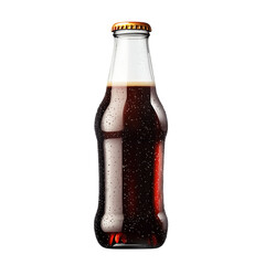 Glass bottle filled with dark brown carbonated beverage and bubbles isolated on transparent background