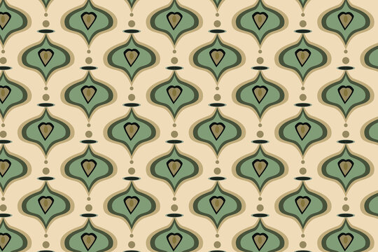 An elegant seamless sage green and cream ogee ikat pattern with gold accents, highly suited for luxury wallpapers and boutique packaging.