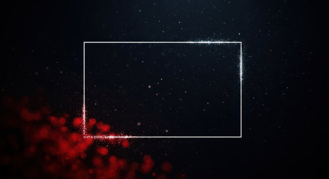 Elegant silver square frame with red petals and bokeh lights on dark background