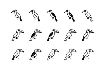 Elegant Toucan Array: A meticulously crafted monochrome artwork features an elegant array of toucan figures, each poised in graceful silhouette and a long curved beak.