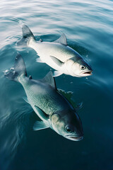 Fototapeta premium two vibrant silver carp swimming gracefully in deep blue water, their scales shimmering as they break the surface