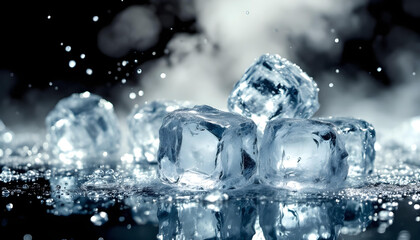 A high-resolution macro photo of melting ice cubes on a reflective glass surface, with water droplets and steam in the background. Strong backlighting enhances the transparency and texture of the ice.