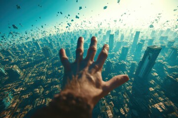 hand reaching out of city