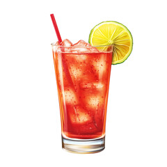 Refreshing red cocktail with ice and lime garnish isolated on transparent background
