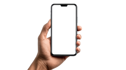 A hand holding a modern smartphone with a blank screen, isolated on a white background.