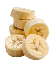 Sliced raw bananas isolated on white background