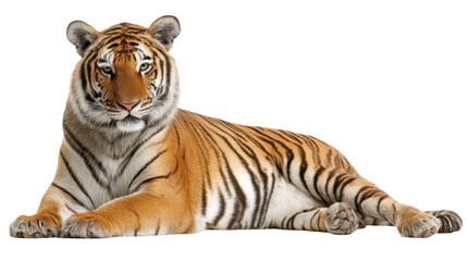 A majestic tiger lounging gracefully, showcasing its vibrant coat and striking patterns on a white isolated background.
