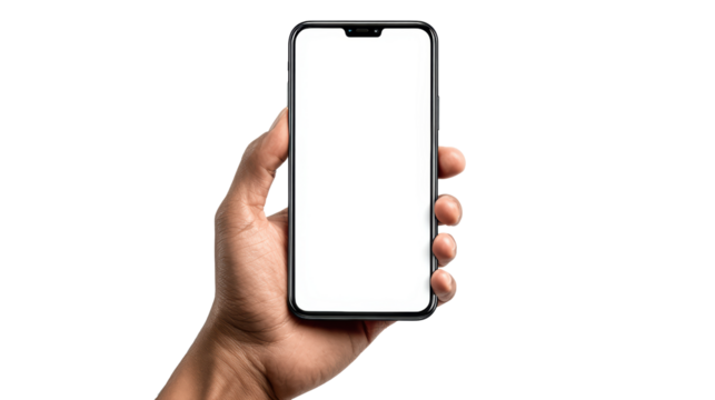 A hand holding a modern smartphone with a blank screen, isolated on a white background. - Powered by Adobe