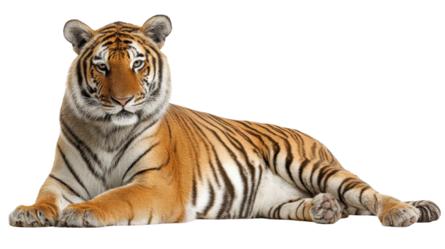 A majestic tiger lounging gracefully, showcasing its vibrant coat and striking patterns on a white isolated background.