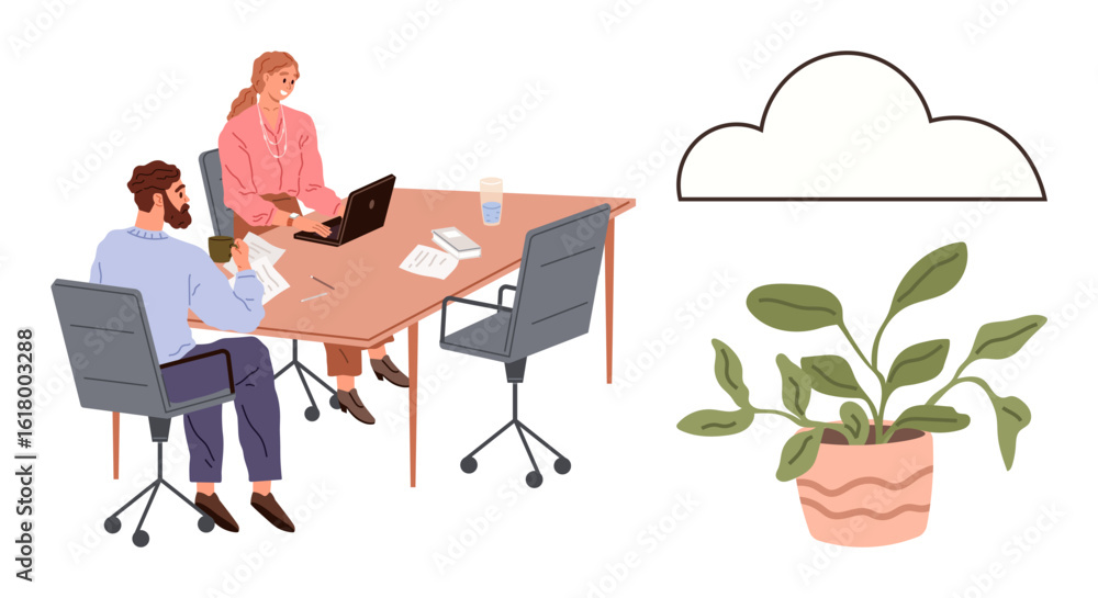 Poster professionals working at a table with laptops and documents, cloud outline symbolizing data storage,