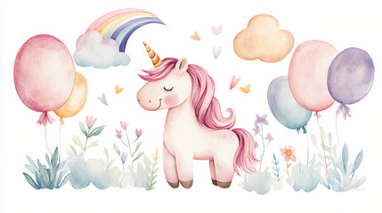 Adorable watercolor unicorn surrounded by pastel balloons, flowers, and a rainbow, perfect for kids birthday invitations, greeting cards, and festive party decorations. Generative AI
