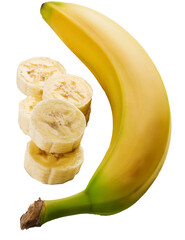 Sliced raw bananas isolated on white background