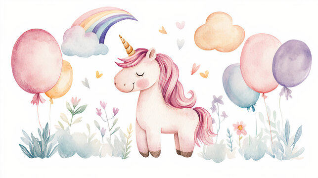 Adorable watercolor unicorn surrounded by pastel balloons, flowers, and a rainbow, perfect for kids birthday invitations, greeting cards, and festive party decorations. Generative AI - Powered by Adobe